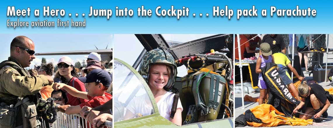 Air Show photos of presenters with young persons - meet a hero, jump into the cockpit, help pack a parachute. Explore aviation first hand